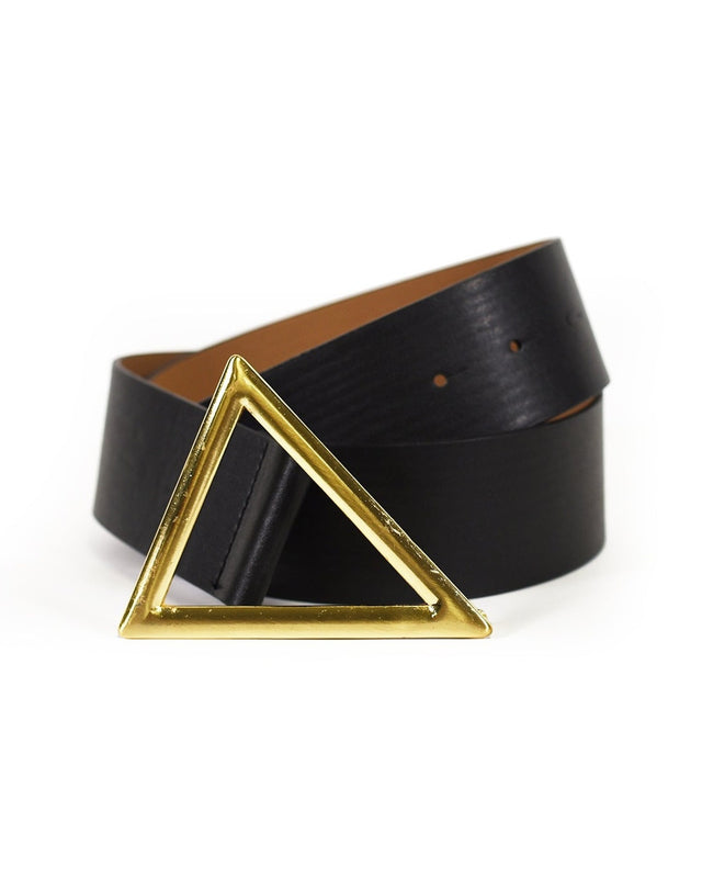 Goldie wide black waist belt with a gold geometric triangle buckle and adjustable sizing holes.