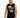 A man wearing a sleeveless black shirt with colorful graffiti-style text and distressed light jeans.