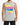 A man wearing a sleeveless gray shirt with colorful, graffiti-style text in pink, yellow, and blue.