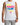 A man is wearing a sleeveless white shirt featuring colorful, graffiti-style text in pink, blue, and yellow.