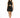 A model showcases a sleeveless black dress with a cutout design and a flared skirt, paired with strappy heels.