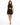 A model showcases a sleeveless black dress with a cutout design and a flared skirt, paired with strappy heels.