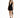 A model poses in a sleek black dress with a deep V-neck and a side slit, paired with stylish ankle boots.