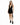 A model poses in a sleek black dress with a deep V-neck and a side slit, paired with stylish ankle boots.