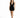A woman stands confidently in a fitted black dress with a deep V-neckline and stylish black heeled booties.