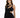 A model showcases a fitted black dress with a unique asymmetrical design and cut-out details.