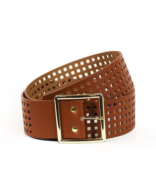 Hana wide brown waist belt with perforated square cutouts and a polished gold buckle on a white background.