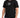 A man wearing a black t-shirt with a white graphic design featuring text and a wand illustration.
