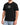 A man wearing a black t-shirt with a white graphic design featuring text and a wand illustration.