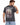 A man wearing a dark graphic t-shirt featuring a mystical design with text and imagery related to wizardry.