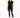 A woman stands wearing a black short-sleeve top with a heart design, paired with distressed blue jeans and white snea...