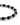 A close-up of a beaded bracelet featuring alternating matte black and shiny silver spherical beads.