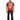 A man stands wearing a red graphic t-shirt with bold white text and black jeans, showcasing a casual style.
