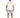 A man stands wearing a white t-shirt with artistic text and denim shorts, paired with white sneakers.