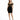 A model poses in a fitted black dress with off-the-shoulder sleeves and intricate gold detailing.