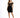 A model poses in a fitted black dress with off-the-shoulder sleeves and gold decorative accents.