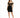 Off-the-shoulder black dress with gold patterned accents, featuring a fitted silhouette and strappy black heels.