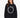A woman models a black sweatshirt featuring bold white text in a circular design.