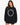 A woman models a black sweatshirt featuring bold white text in a circular design.