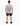A person wearing a light gray t-shirt with colorful graphic text on the back, paired with black shorts and sneakers.