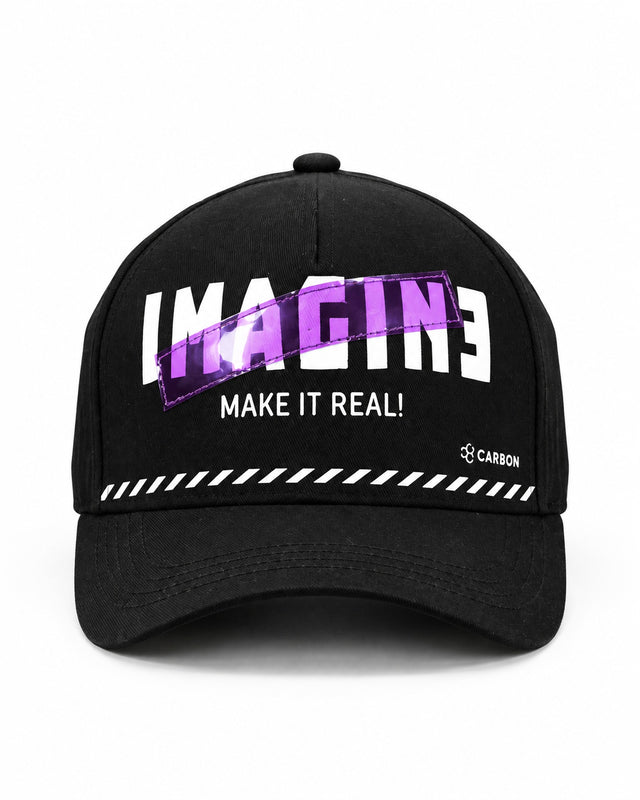 Black cap featuring bold white text "IMAGINE" crossed out with a purple band and the phrase "MAKE IT REAL!" below.