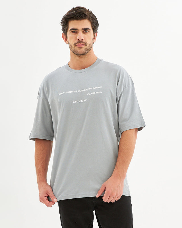 Men's Popit Grey Oversized Shirt in a carbon streetwear fit with white chest graphic text and relaxed drop shoulders.