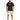 A man stands wearing a black t-shirt with white text, paired with beige cargo shorts and black sneakers.