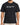 A man wearing a black short-sleeve t-shirt with a white cursive text design on the front.