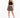 A model poses in a black crochet crop top paired with a patterned skirt and strappy black heels.