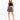 A model poses in a black crochet crop top paired with a patterned skirt and strappy black heels.