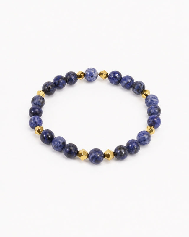 A circular bracelet featuring blue and dark blue beads interspersed with gold accents.