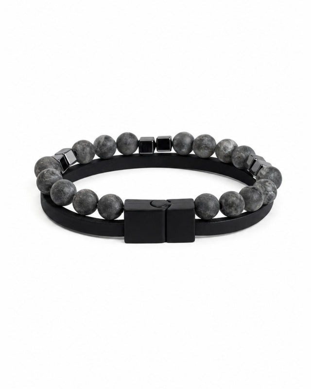 A dual-layer bracelet featuring gray beads and sleek black accents for a modern, minimalist look.