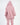 A person wearing a pink hooded sweatshirt with a gathered hem, viewed from the back.