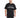 A man stands wearing a black oversized t-shirt with graphic text and matching black shorts featuring a large number.