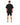 A person stands with their back to the camera, wearing a loose black t-shirt and black shorts with white numbers.