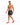 A shirtless man poses in black swim shorts with a leaf pattern, wearing red slide sandals.