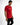 A model poses in a fitted red t-shirt featuring bold text and a stylish design, paired with black jeans.