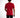 A person wearing a fitted red short-sleeve shirt, viewed from the back, paired with black pants.