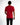 A person wearing a fitted red short-sleeve shirt, viewed from the back, paired with black pants.