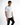 A model poses in a fitted white shirt featuring a bold graphic and text along the side, paired with black jeans.