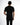 A person wearing a fitted black short-sleeve shirt and dark jeans, viewed from the back against a white background.
