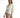 Model in Rhea white denim streetwear jacket with a rope drawstring belt and wooden buttons against a studio backdrop.