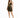 A woman poses in a fitted black dress with gold stripes, featuring a deep V-neck and halter straps.