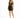 A woman models a fitted black dress with gold stripes, featuring a plunging neckline and halter straps.