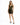 A woman models a fitted black dress with gold stripes, featuring a plunging neckline and halter straps.