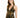 A woman models a black dress with gold stripes, featuring a deep V-neck and fitted silhouette.
