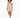 A model poses in a fitted, ribbed, beige dress paired with white sneakers against a plain background.