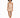 A model poses in a fitted, ribbed, beige dress paired with white sneakers against a plain background.