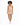 A model poses in a fitted, ribbed, beige dress paired with white sneakers against a plain background.