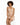 A woman with curly hair poses in a fitted, ribbed beige dress while sitting on a white stool.